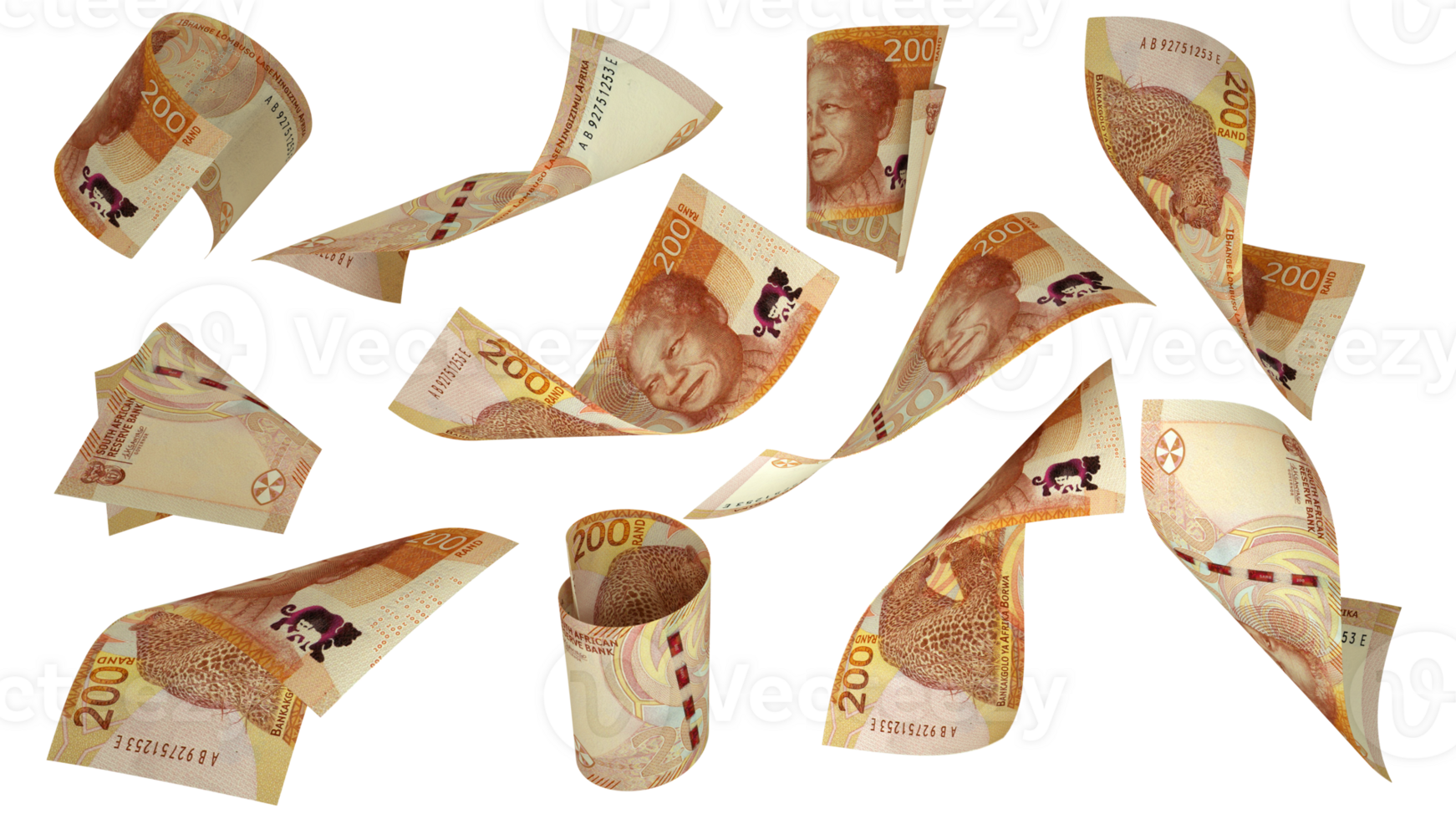 3D rendering of 2023 South African rand notes flying in different angles and orientations isolated on transparent background png