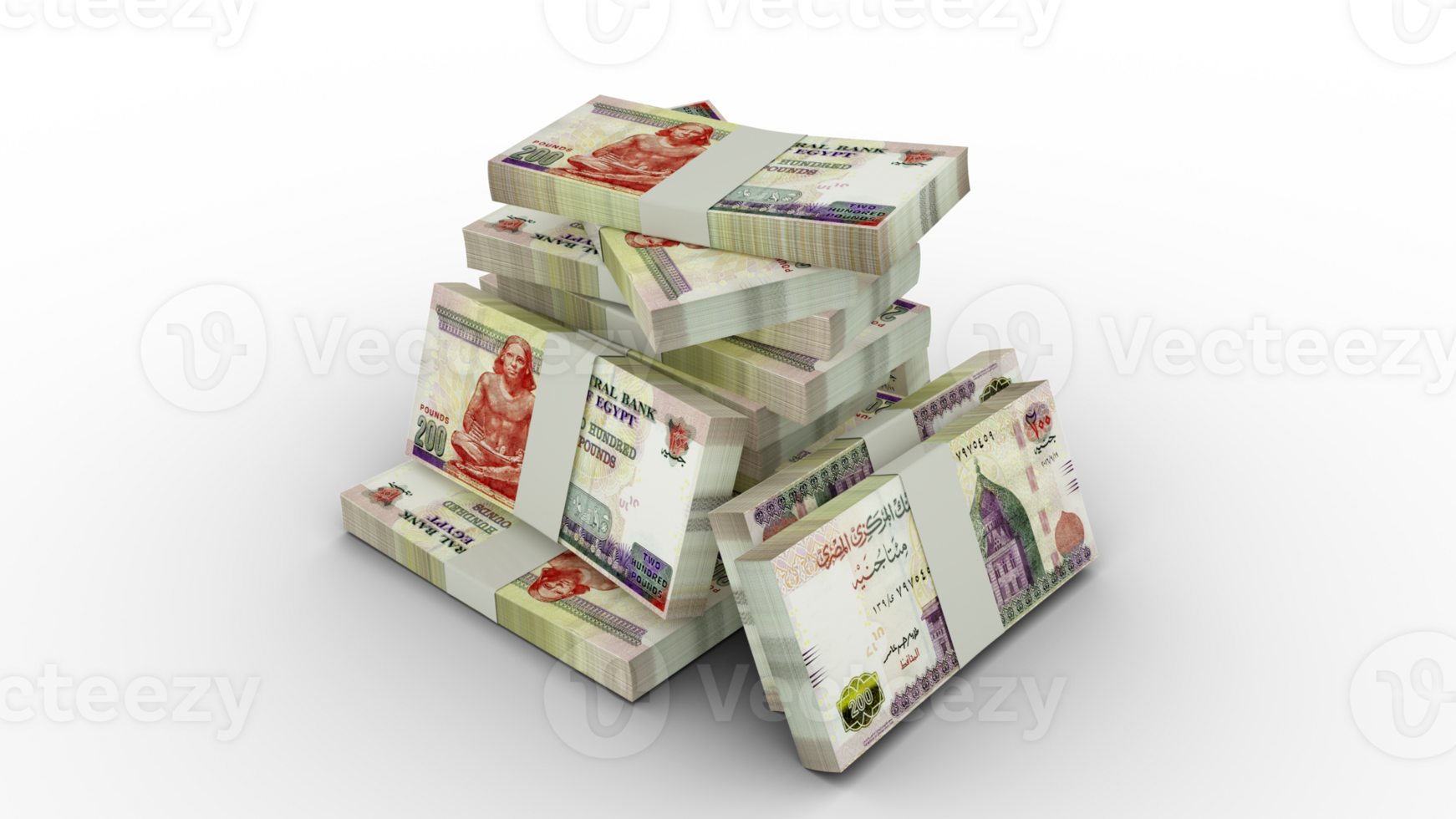 3d rendering of Stacks of 200 Egyptian pound notes. bundles of Egyptian currency notes isolated on transparent background png