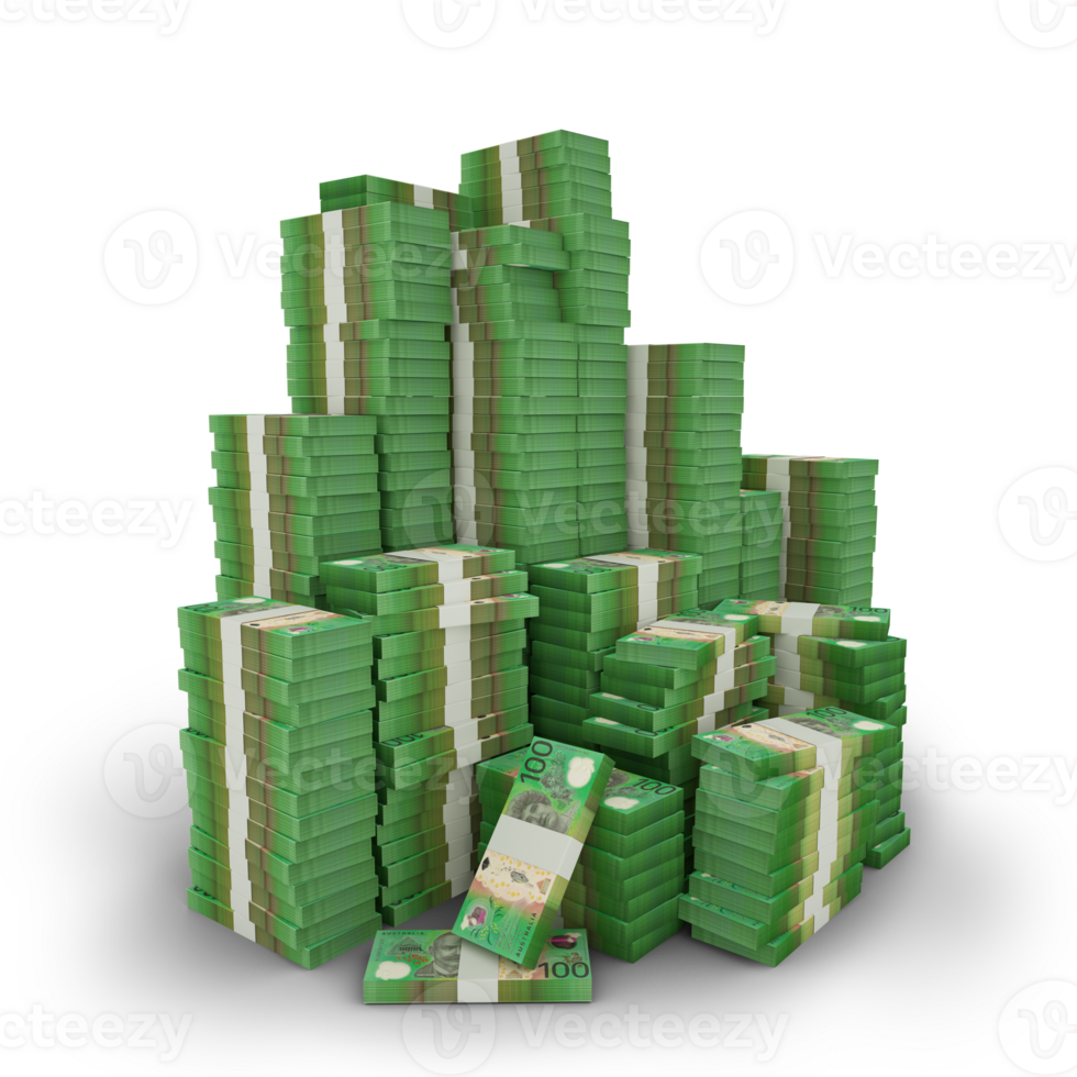 Big stacks of Australian dollar notes. A lot of money isolated on transparent background. 3d rendering of bundles of arranged cash png
