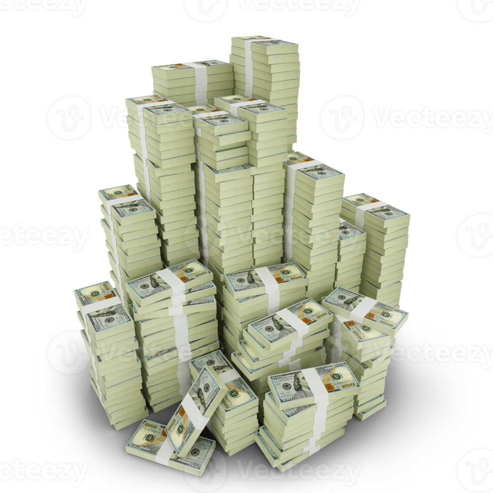Big stacks of US dollar notes. A lot of money isolated on transparent background. 3d rendering of bundles of cash png