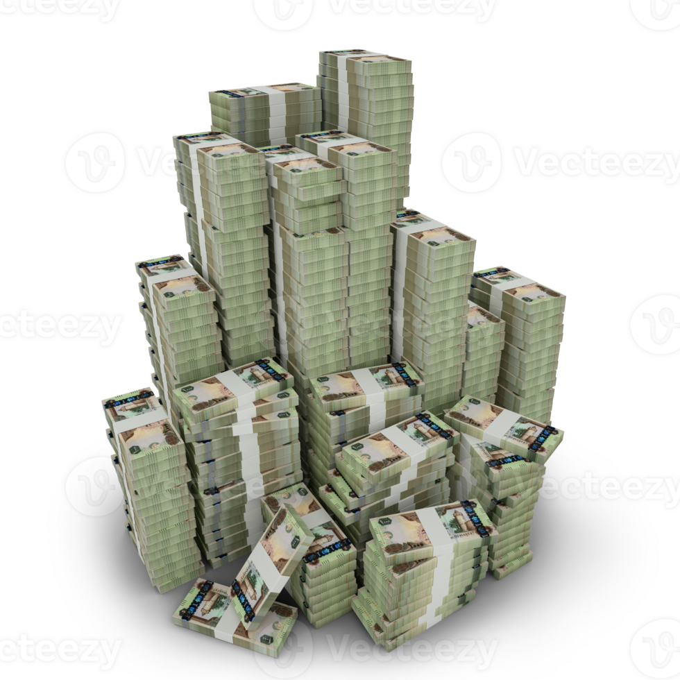 Big stacks of united Arab Emirates dirham notes. A lot of money isolated on transparent background. 3d rendering of bundles of arranged cash png