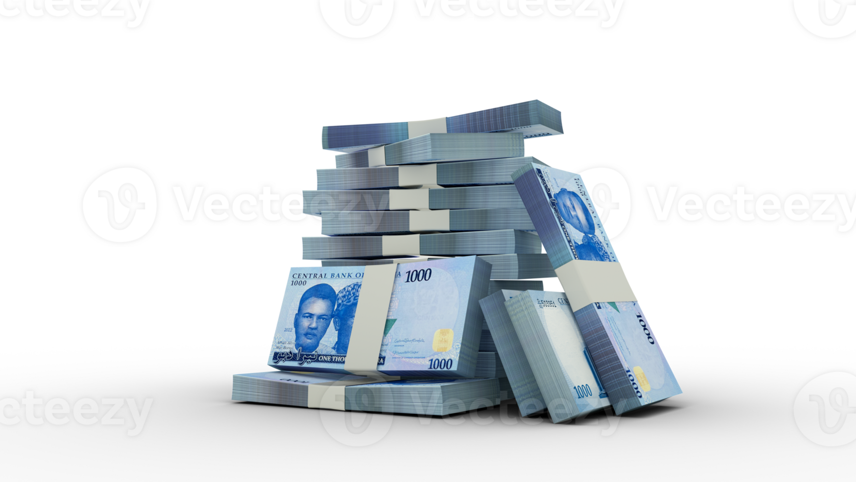3d rendering of Stacks of 1000 Nigerian Naira notes. bundles of Nigerian currency notes isolated on transparent background png