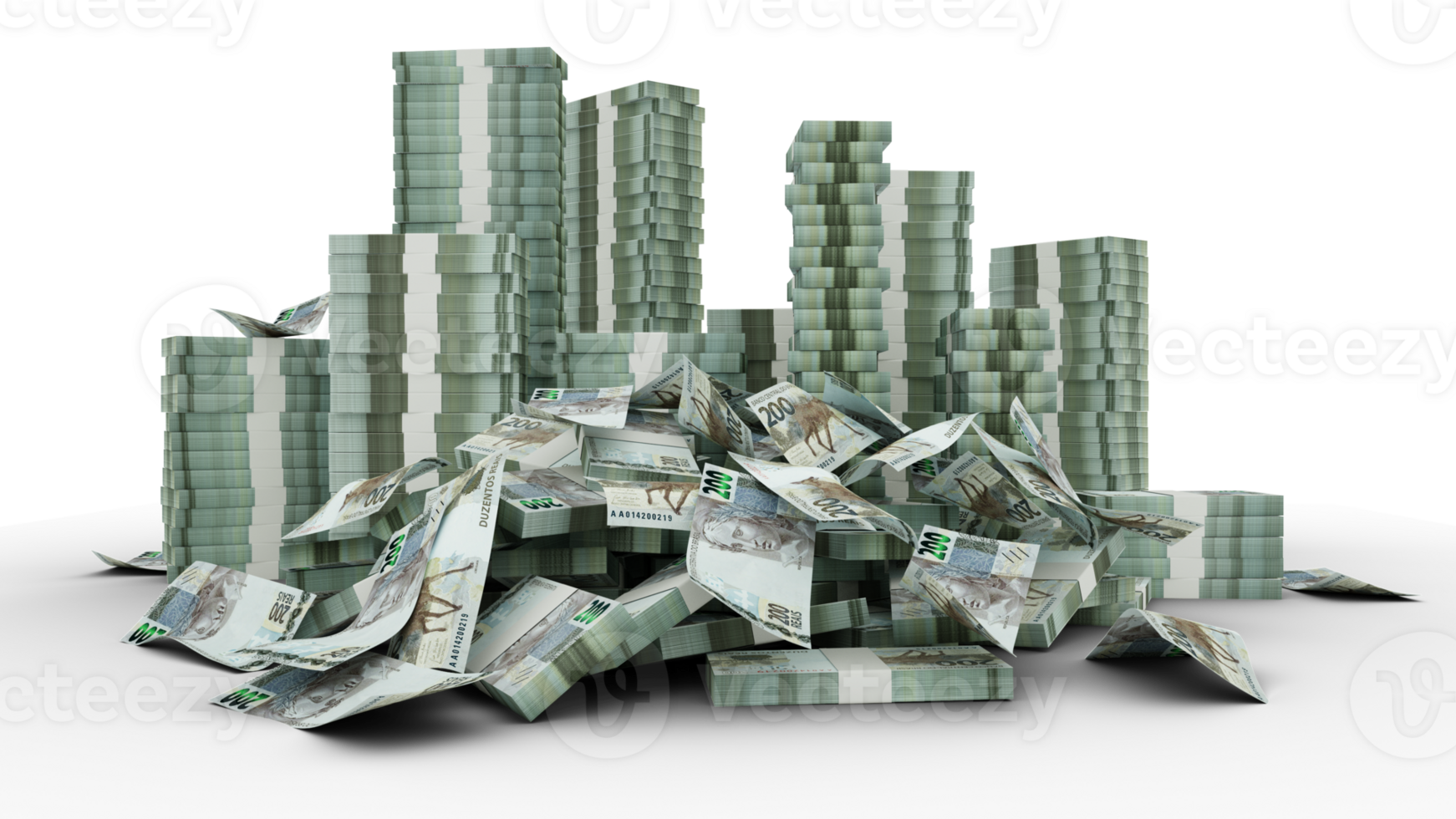 Big stacks of Brazilian real notes. A lot of money isolated on transparent background. 3d rendering of bundles of cash png