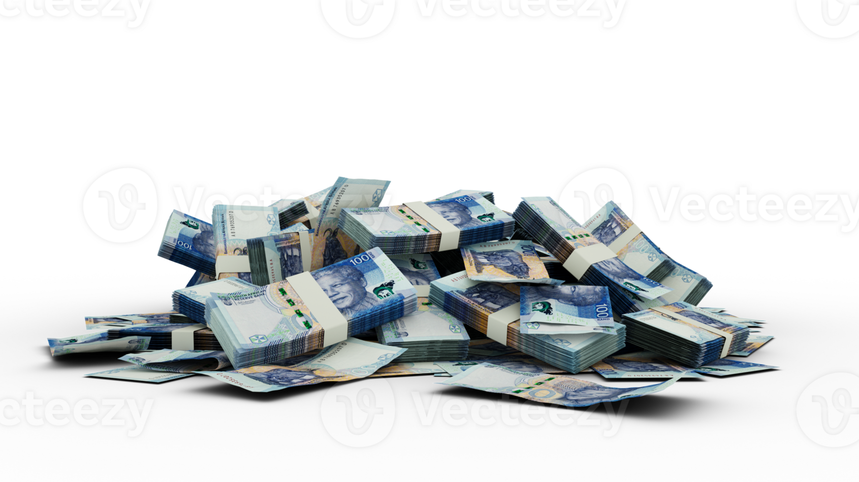3D rendering of Stacks of 2023 South African rand notes notes isolated on transparent background png