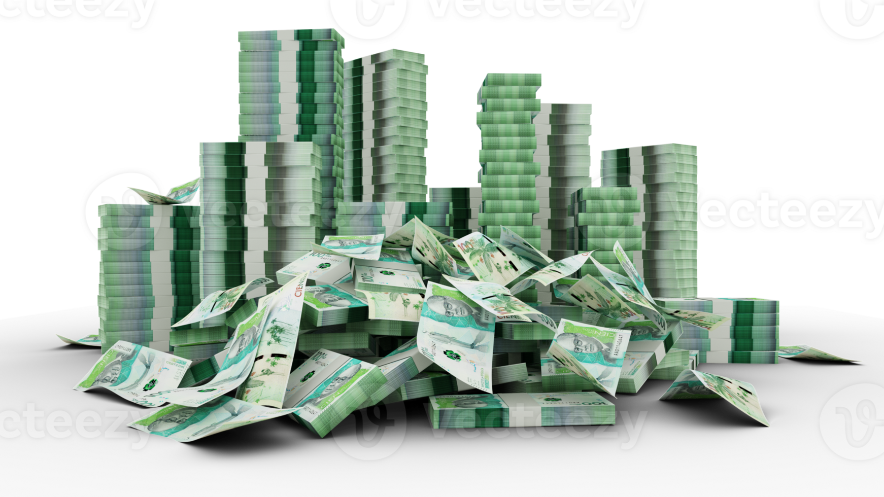 Big stacks of Colombian peso notes. A lot of money isolated on transparent background. 3d rendering of bundles of cash png