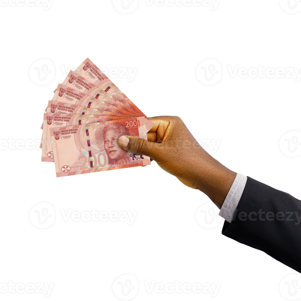 Black hand with suit holding South African Rand notes isolated on transparent background, 3d rendering png