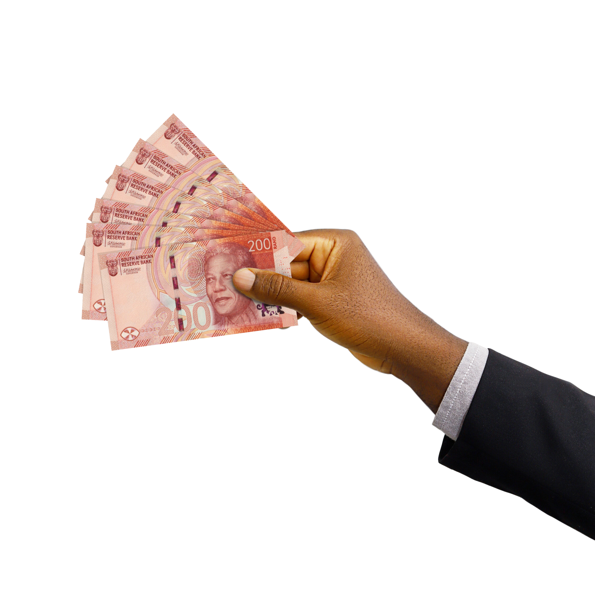Black Hand With Suit Holding South African Rand Notes Isolated On black-hand-with-suit-holding-south-african-rand-notes-isolated-on