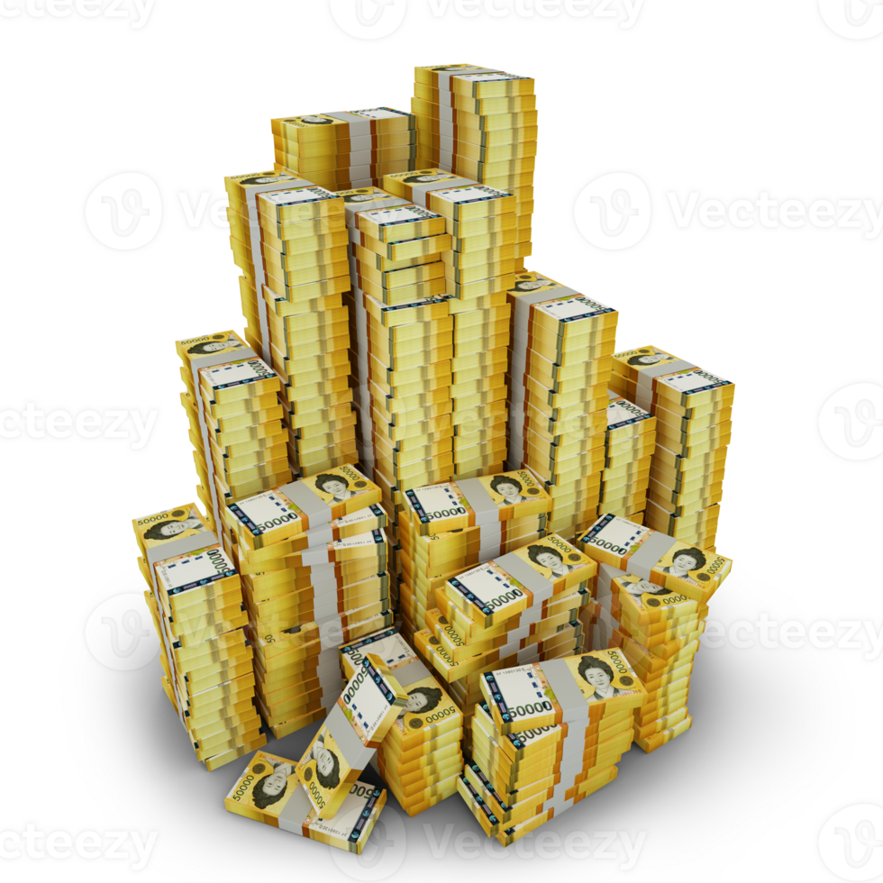 Big stacks of South Korean won notes. A lot of money isolated on transparent background. 3d
