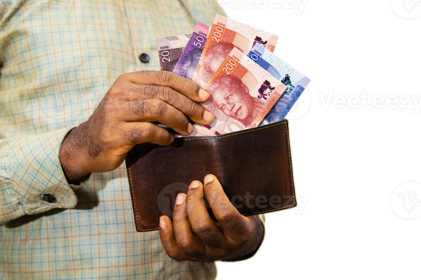 zwart persoon Holding bruin portemonnee met zuiden Afrikaanse rand notities, hand- Verwijderen geld uit van portemonnee over- transparant achtergrond Verwijderen geld van portemonnee png