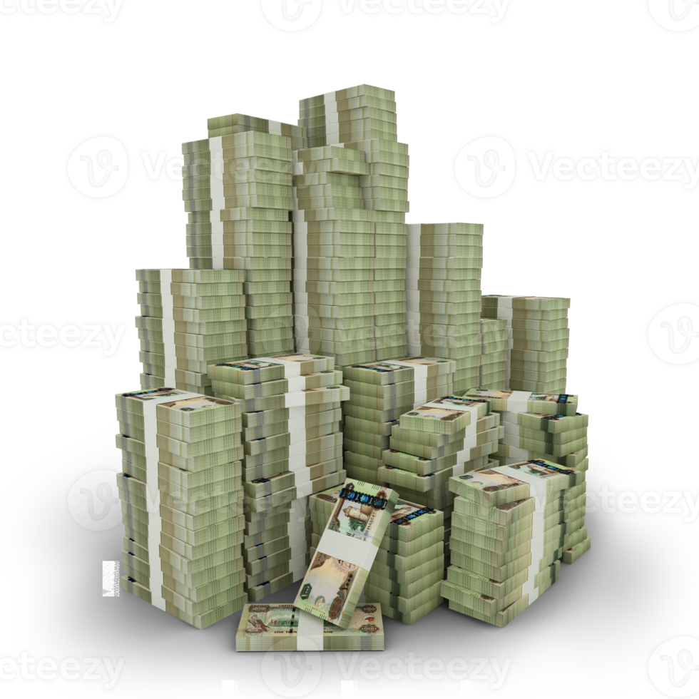 Big stacks of united Arab Emirates dirham notes. A lot of money isolated on transparent background. 3d rendering of bundles of arranged cash png