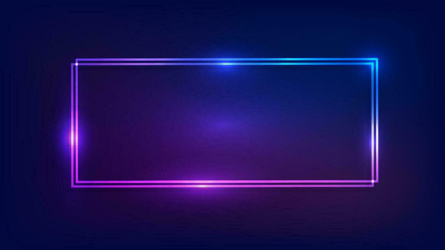 Neon double rectangular frame with shining effects on dark background. Empty glowing techno backdrop. Vector illustration.