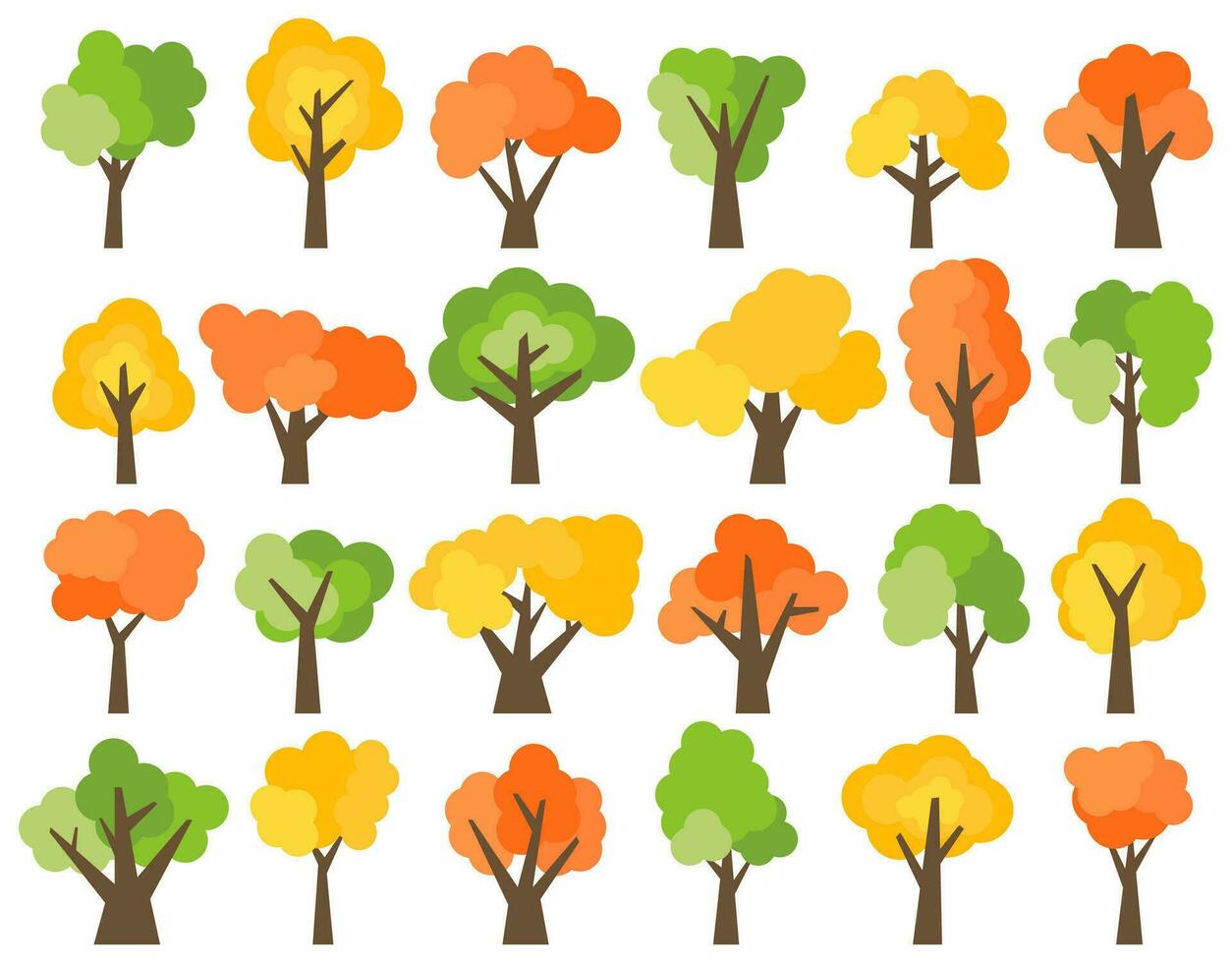 Set of twenty four green, yellow and red trees. Vector illustration