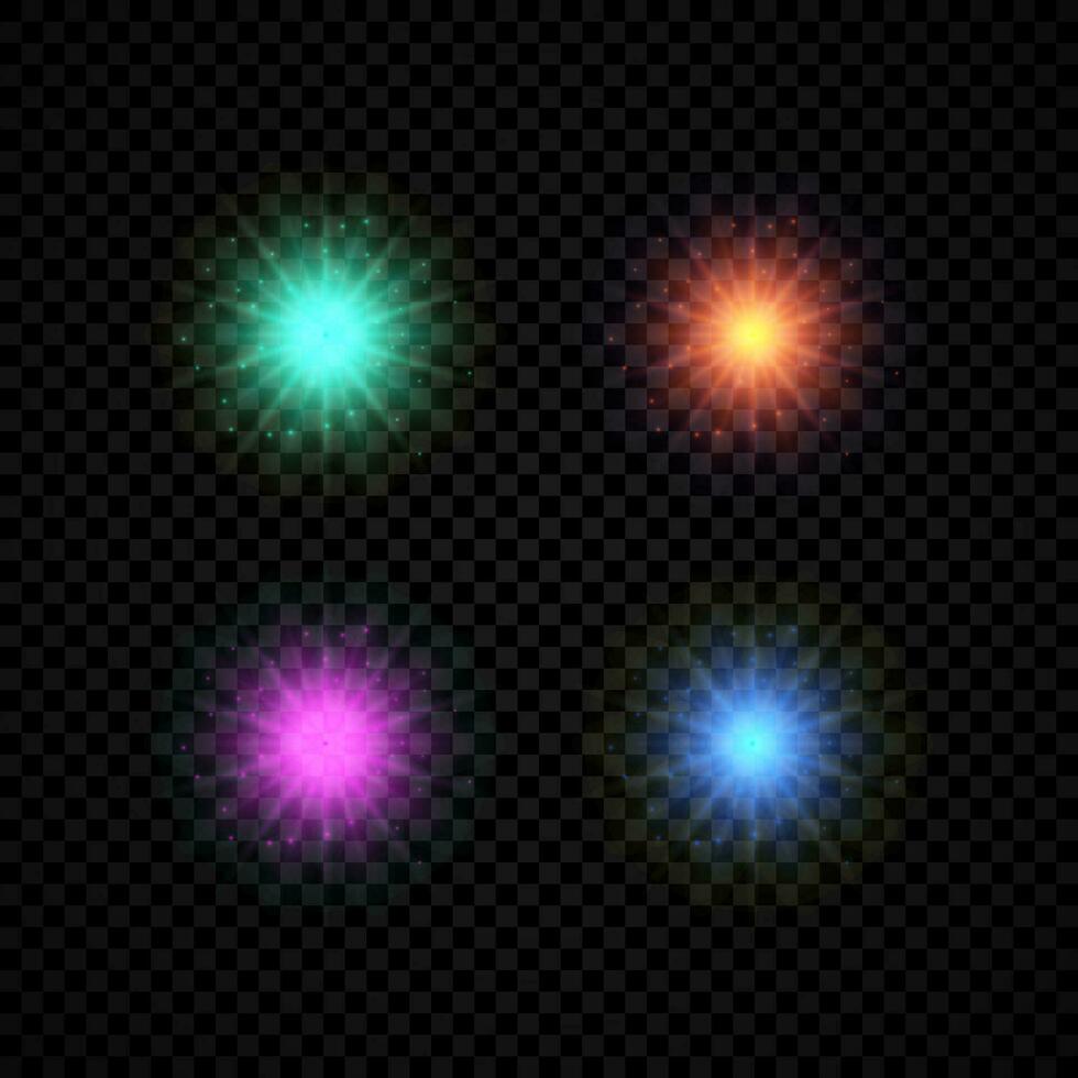 ligero efecto de lente bengalas conjunto de cuatro verde, naranja, púrpura y azul brillante luces Starburst efectos con destellos en un oscuro vector