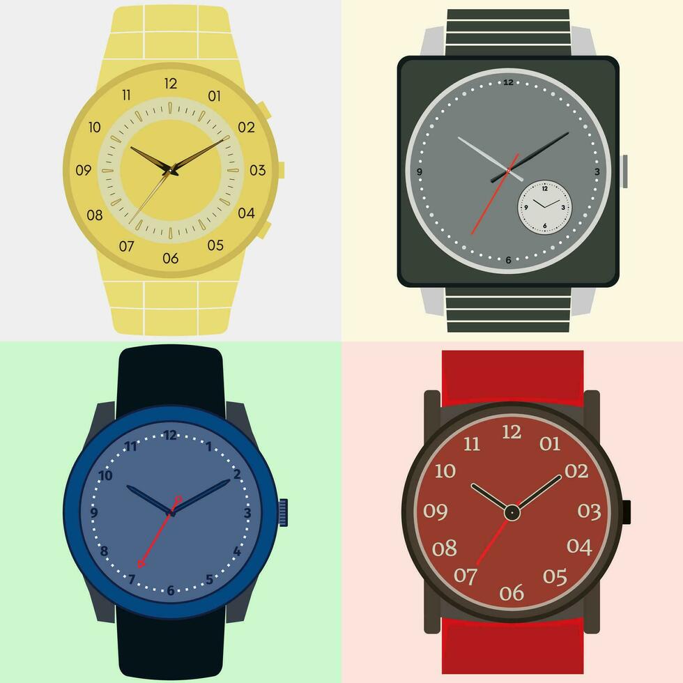 conjunto de cuatro relojes. reloj cara con hora, minuto y segundo manos. vector ilustración.