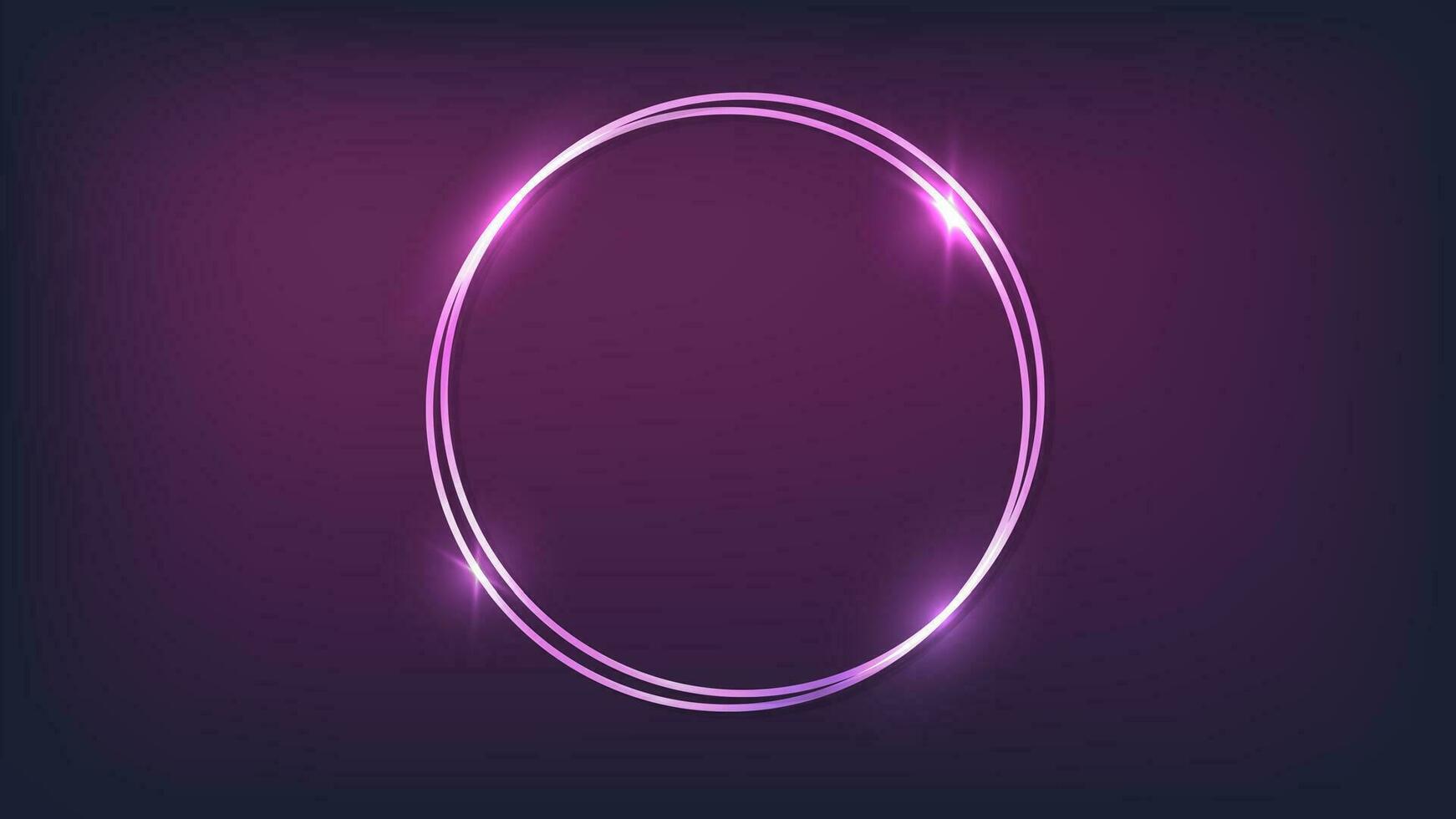 Neon double round frame with shining effects on dark background. Empty glowing techno backdrop. Vector illustration.