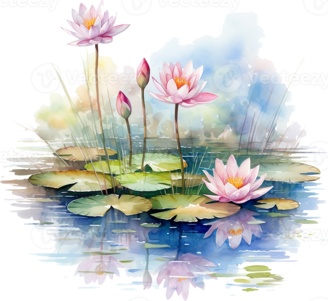 Watercolor light pink water-lilly flower in pond with branch and round leaves png