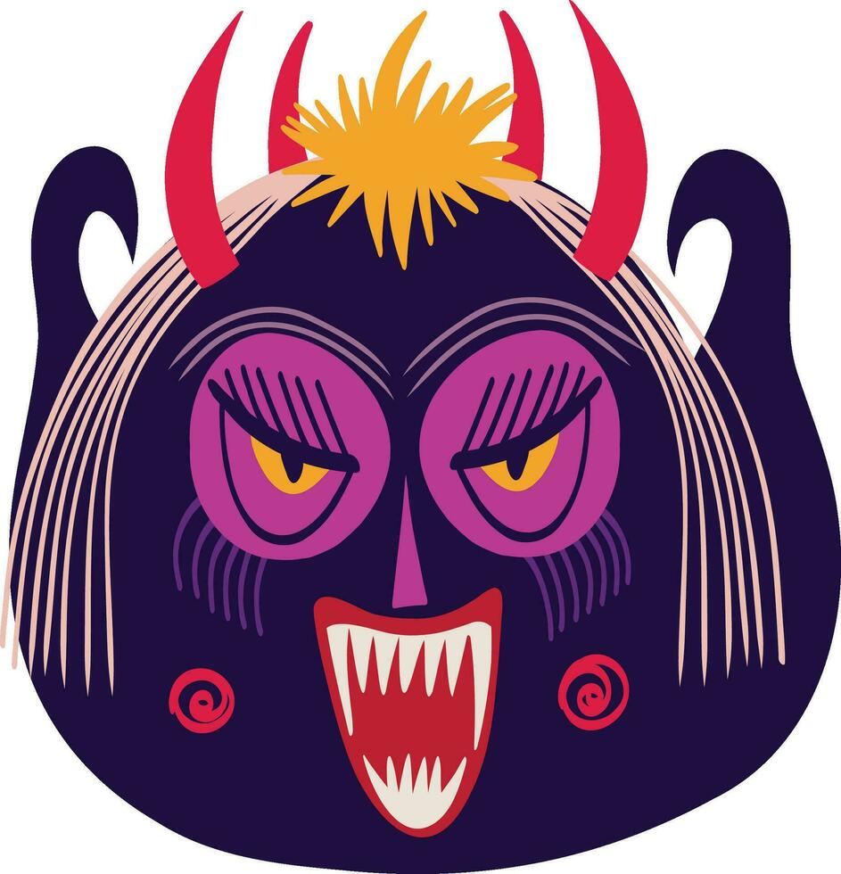 Horned strange ugly angry demon. Illustration in childish style vector