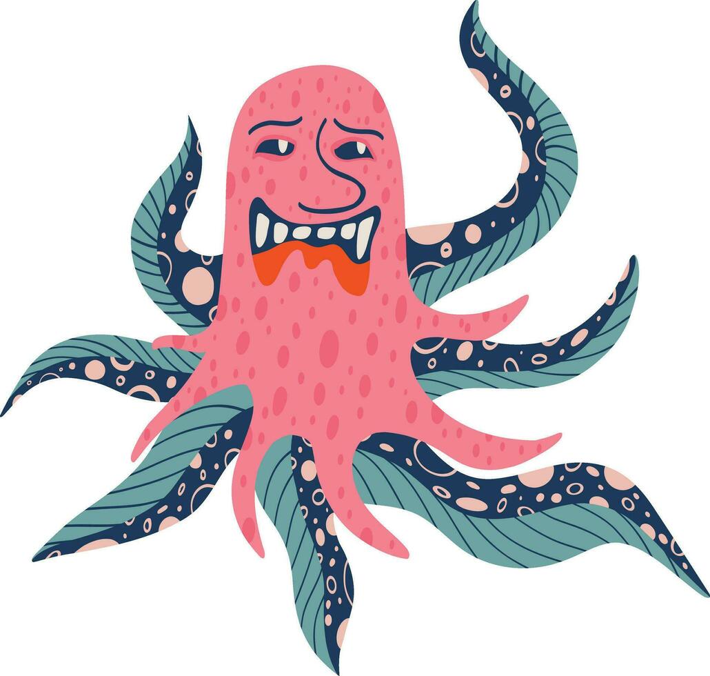 un peculiar pulpo con un linda cara en lentes. ilustración en un moderno dibujado a mano estilo vector