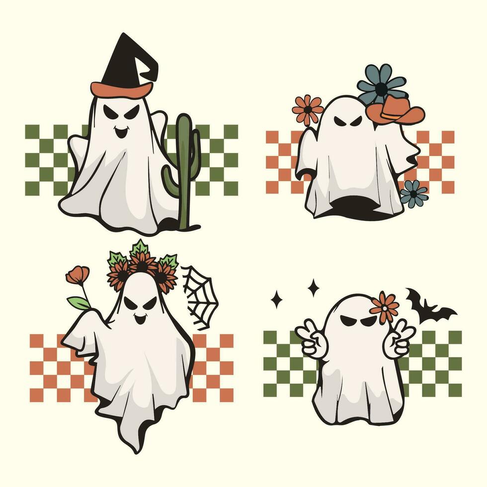 Set of retro Halloween ghost illustration. Cute Halloween ghost vector