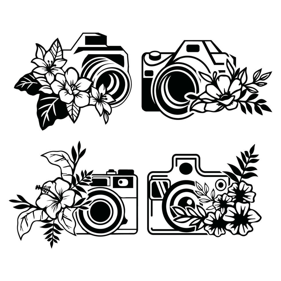dibujado a mano floral cámara cortar archivos. flor y cámara ilustración para cricut. vector