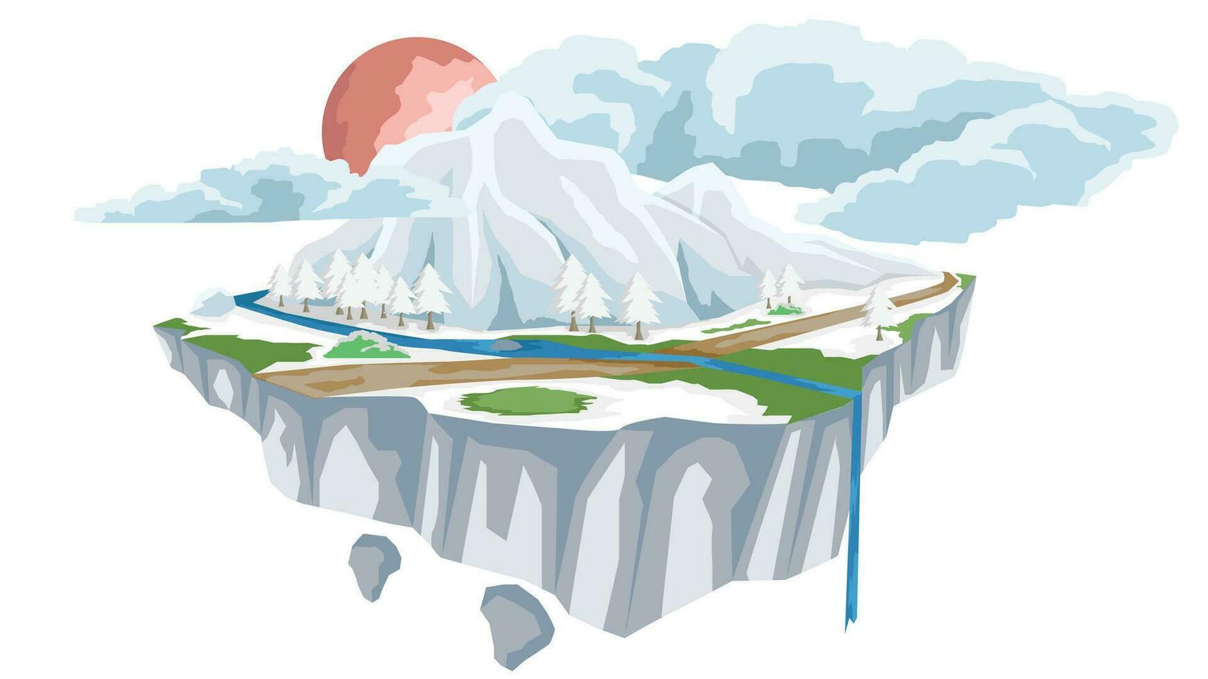 Vector or Illustration of ice island with transportation of soil road with reiver block.  Massive icy mountains surrounded by trees. Ground is covered with snow. Background red moon and white clouds.