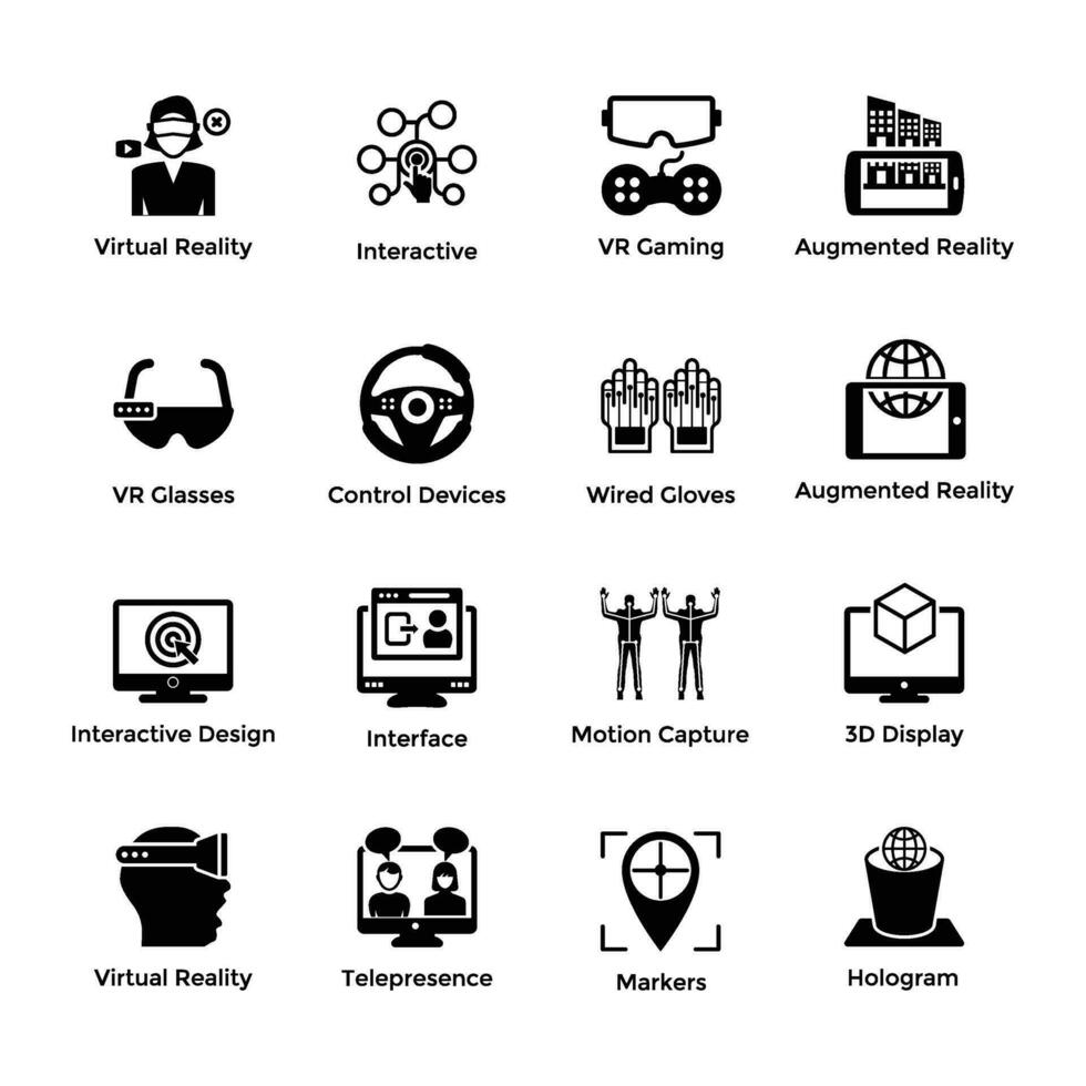 Set of Virtual Reality Technology Glyph Icons vector