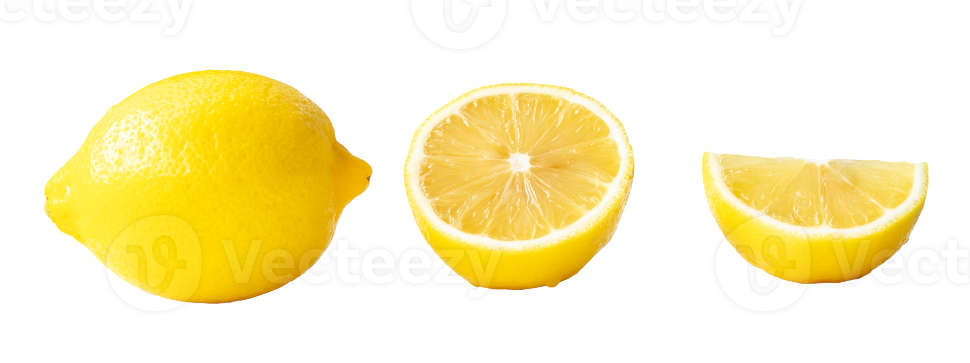 Single whole fresh beautiful yellow lemons with half slice isolated with clipping path in png file format