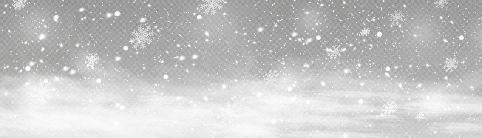 que cae nieve con copos de nieve y nubes mector ilustración. luz, polvo, invierno, tormenta de nieve, Navidad, vector. el efecto de un escarchado tormenta, nevada, hielo. que cae nieve efecto con copos de nieve vector