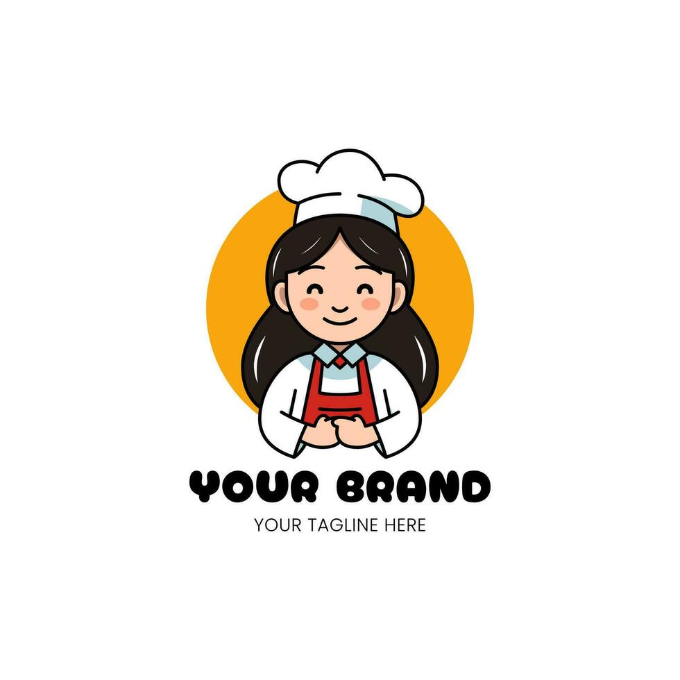 Cute Happy Chef Girl simple Vector Mascot Logo Design