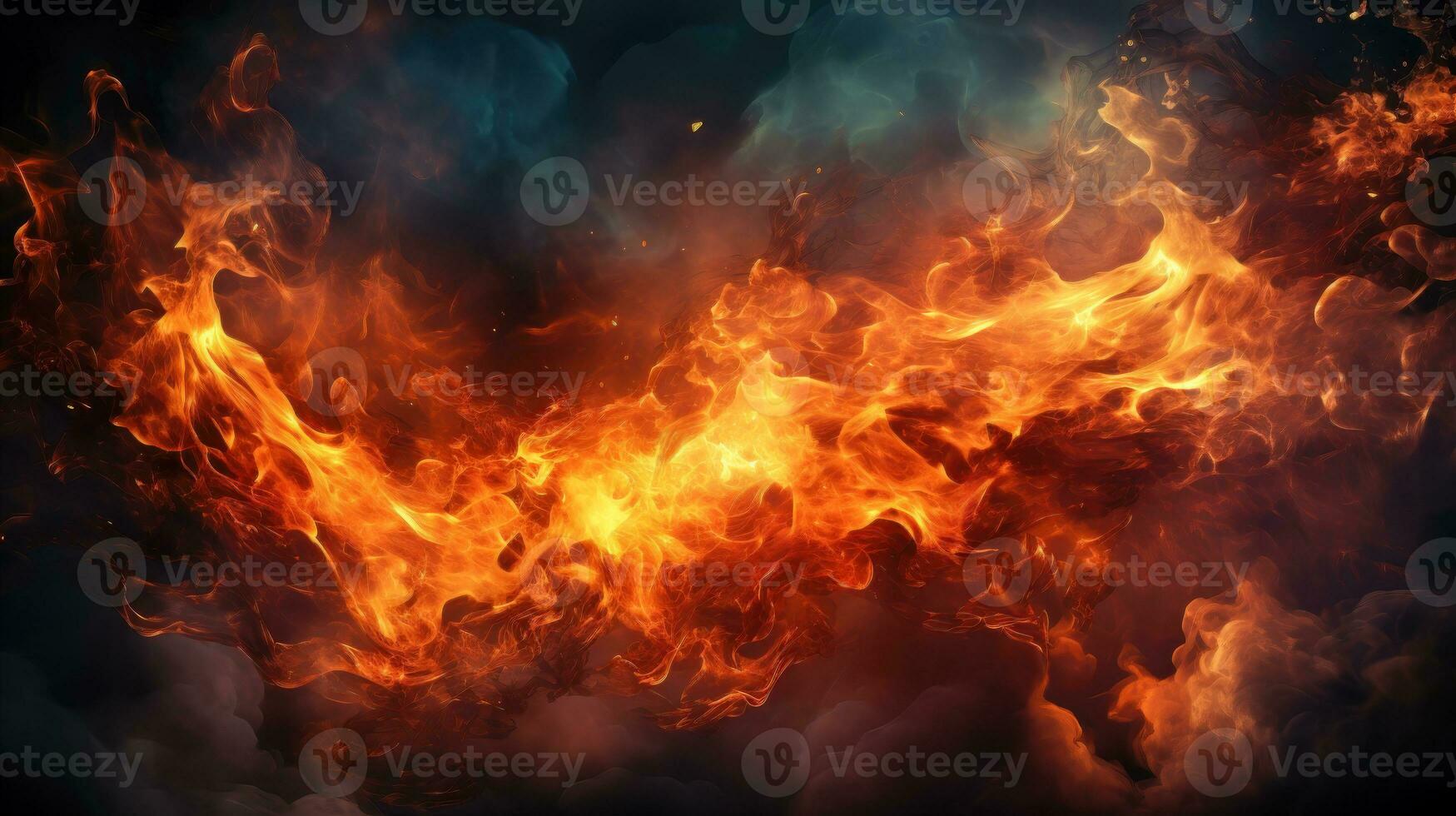 Dramatic and Intense Fire Explosion in the Dark Orange and Red Fire Background with Smoke Effect AI Generated photo