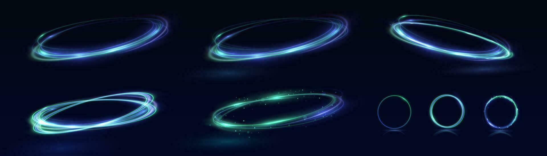 Neon swirl. Curve blue line light effect. Abstract ring background with glowing swirling background. Energy flow tunnel. Blue portal, platform. Magic circle vector. Luminous spiral. round frame vector