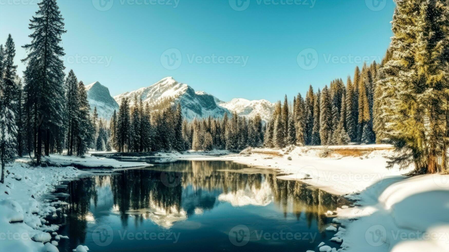 Nevado congelado lago y montañas con hermosa invierno paisaje con un blu cielo y arboles ai generado foto