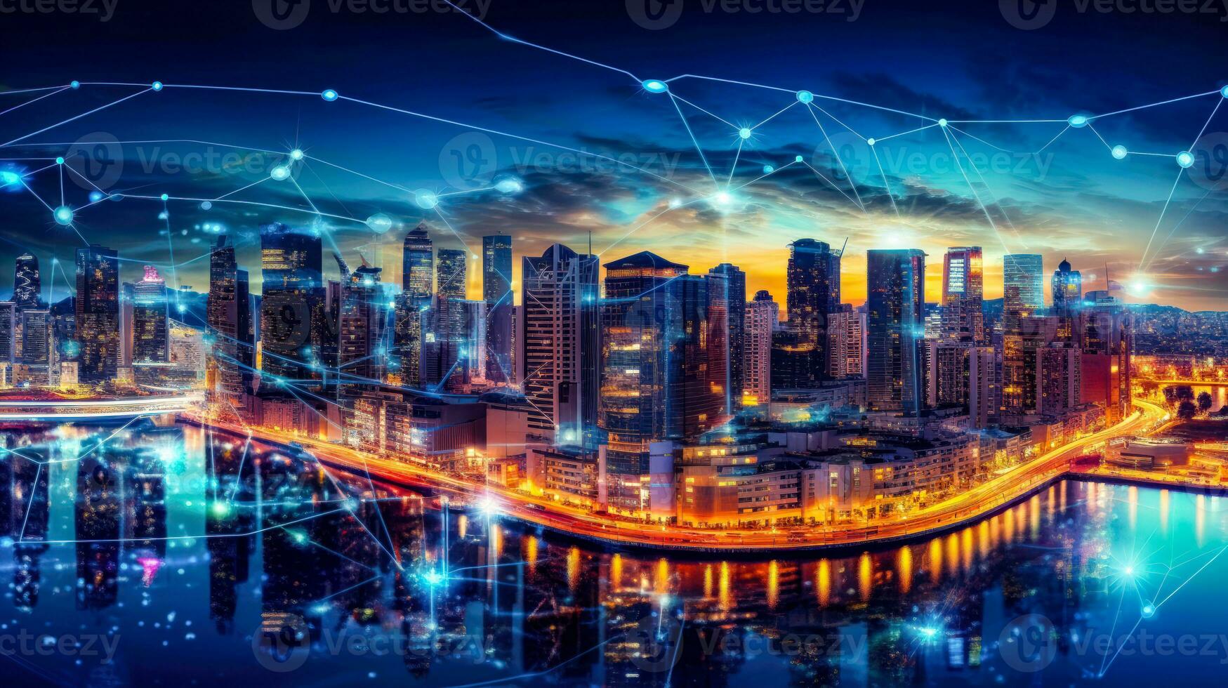 Futuristic City Skyline with Blue Network Connections Smart City Concept Futuristic Communication AI Generated photo