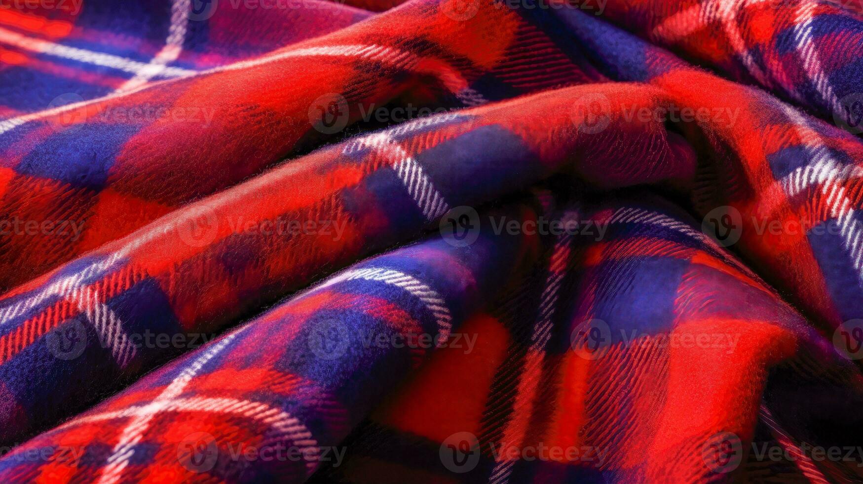 Flannel Blanket Background A Textured and Layered View of the Warm and Woolen Material in Soft and Fuzzy Plaid Pattern in Red and Blue AI Generative photo