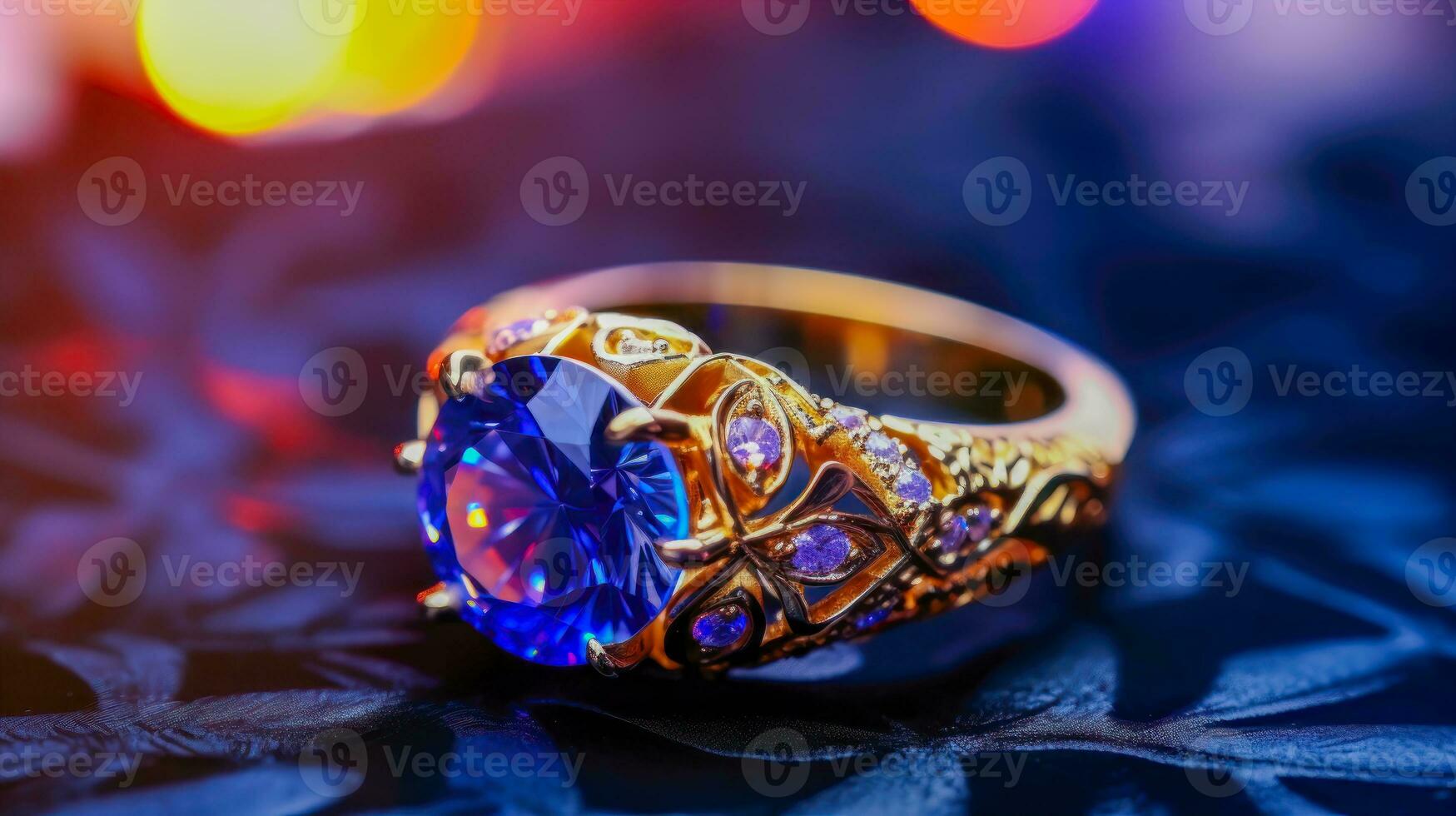 Elegant and Brilliant Gold and Diamond Ring with Blue Sapphire AI Generative photo