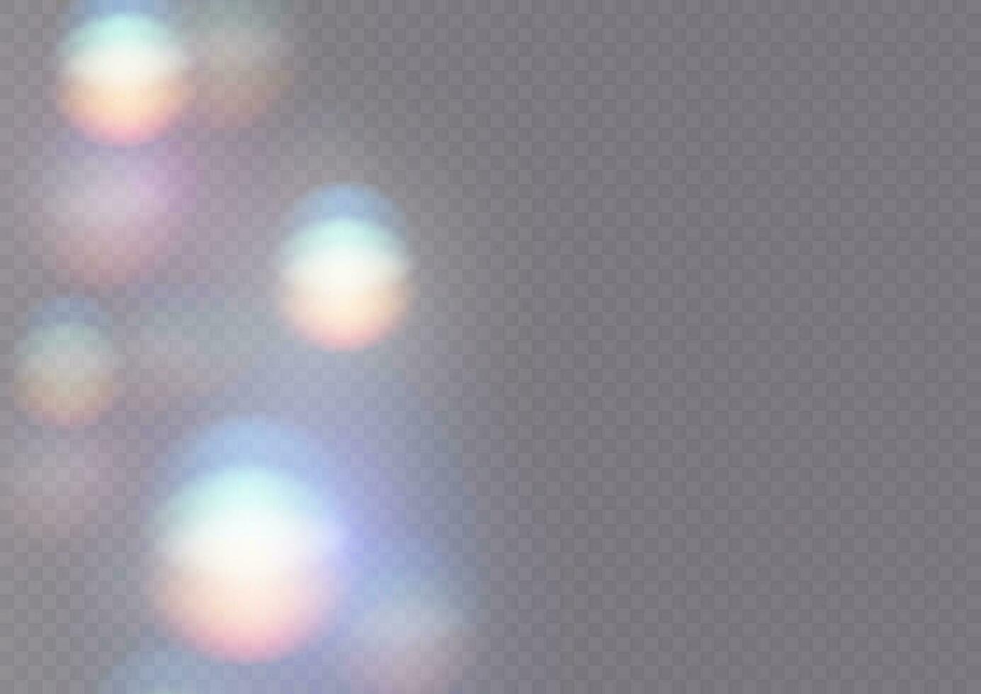 Iridescent crystal leak glare reflection effect. Optical rainbow lights, glare, leak, streak overlay. falling confetti. Vector colorful vector lenses and light flares with effects.