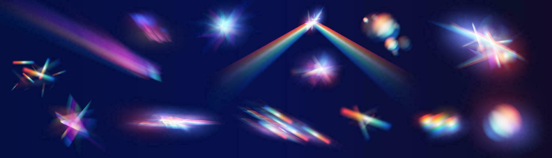 Iridescent crystal leak glare reflection effect. Optical rainbow lights, glare, leak, streak overlay. falling confetti. Vector colorful vector lenses and light flares with effects.