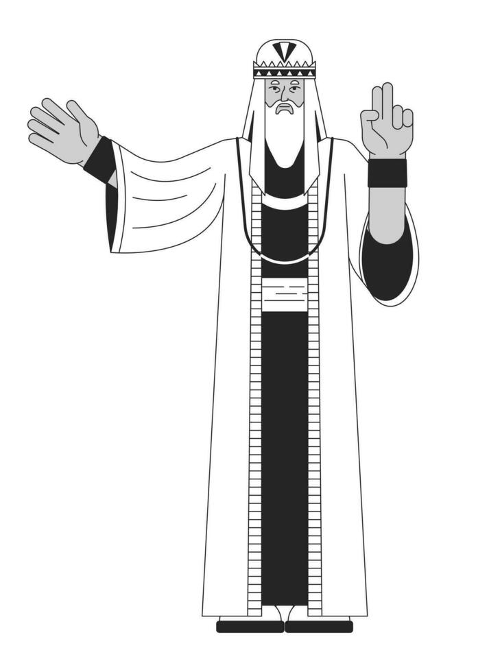 Sage man flat line black white vector character. Wise man in long mantle. Editable outline full body person. Simple cartoon isolated spot illustration for web graphic design