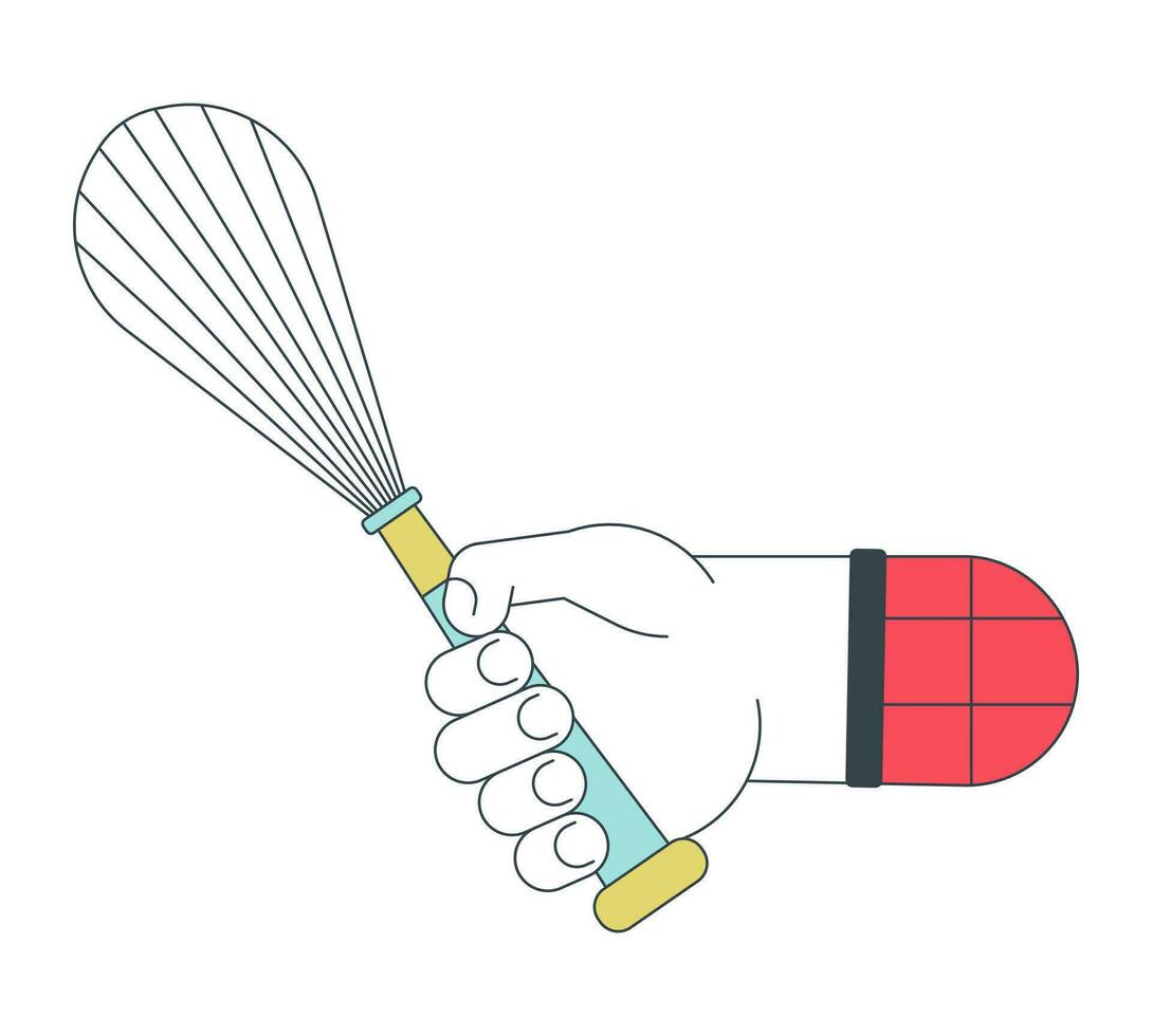 Whipping whisk in hand flat line concept vector spot illustration. Cooking steel utensil. 2D cartoon outline hand on white for web UI design. Editable isolated color hero image