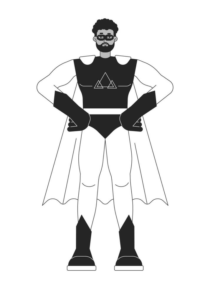 Superhero in mask flat line black white vector character. Empowered man in suit. Protecting world. Editable outline full body person. Simple cartoon isolated spot illustration for web graphic design