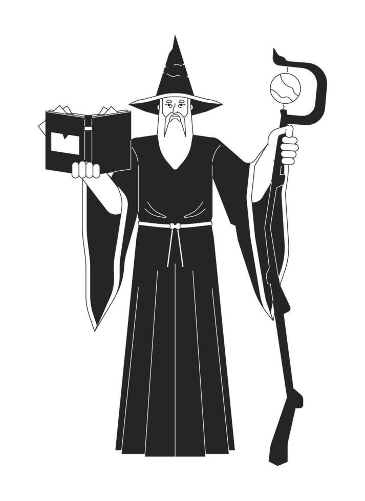 Mysterious wizard flat line black white vector character. Old man reading book. Wooden wizard staff. Editable outline full body person. Simple cartoon isolated spot illustration for web graphic design