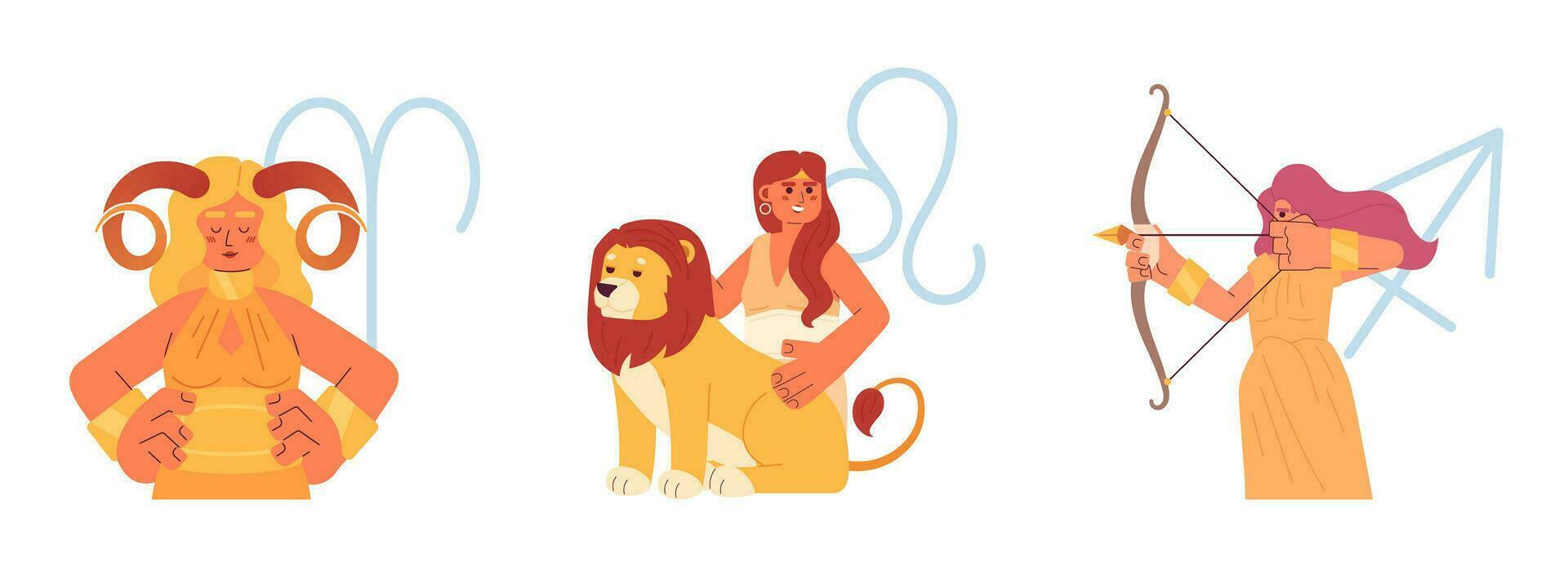 Fire zodiac signs flat concept vector spot illustration set. Aries, leo, sagittarius. Woman signs 2D cartoon characters on white for web UI design. Astrology isolated editable creative hero image pack