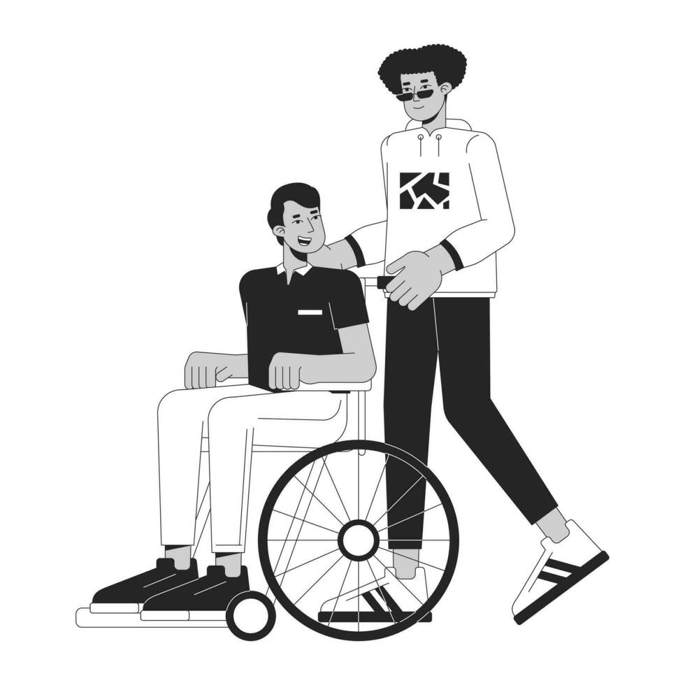 Caring of disabled person bw concept vector spot illustration. Man helping. Taking care. 2D cartoon flat line monochromatic characters on white for web UI design. Editable isolated outline hero image