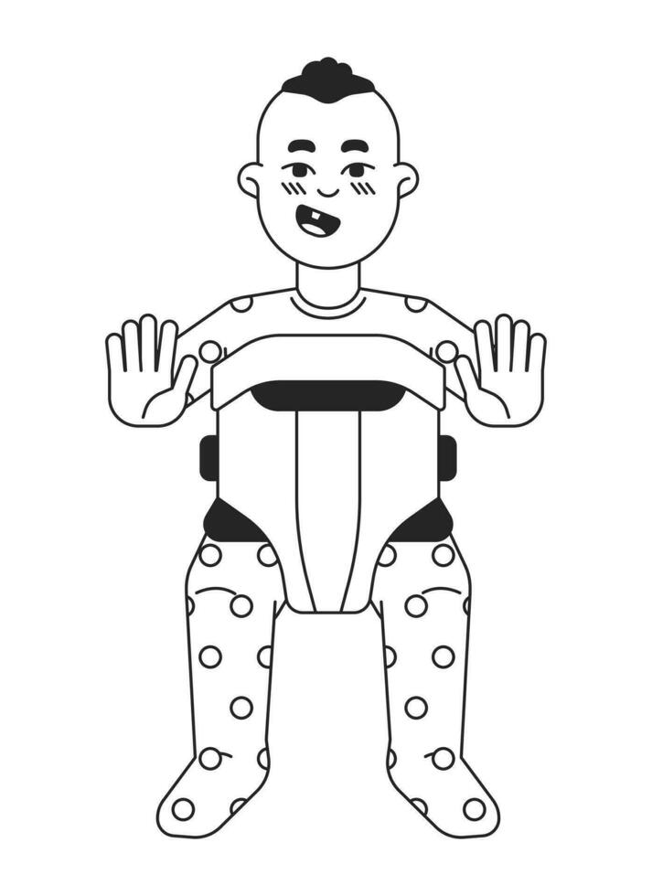 Cute baby flat line black white vector character. Pretty face with one teeth. Toddler in carrier. Editable outline full body person. Simple cartoon isolated spot illustration for web graphic design