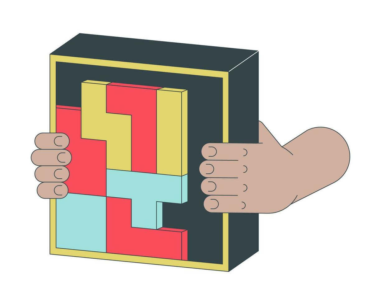 Holding tetrominoes cube flat line concept vector spot illustration. Logic game. Multi colored puzzles pieces 2D cartoon outline hand on white for web UI design. Editable isolated color hero image