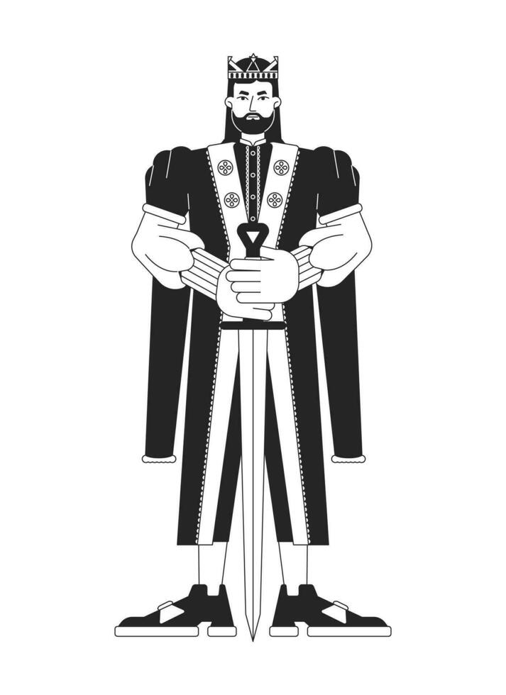 joven Rey con espada plano línea negro blanco vector personaje. monarca en dorado corona. poderoso hombre. editable contorno lleno cuerpo persona. sencillo dibujos animados aislado Mancha ilustración para web gráfico diseño