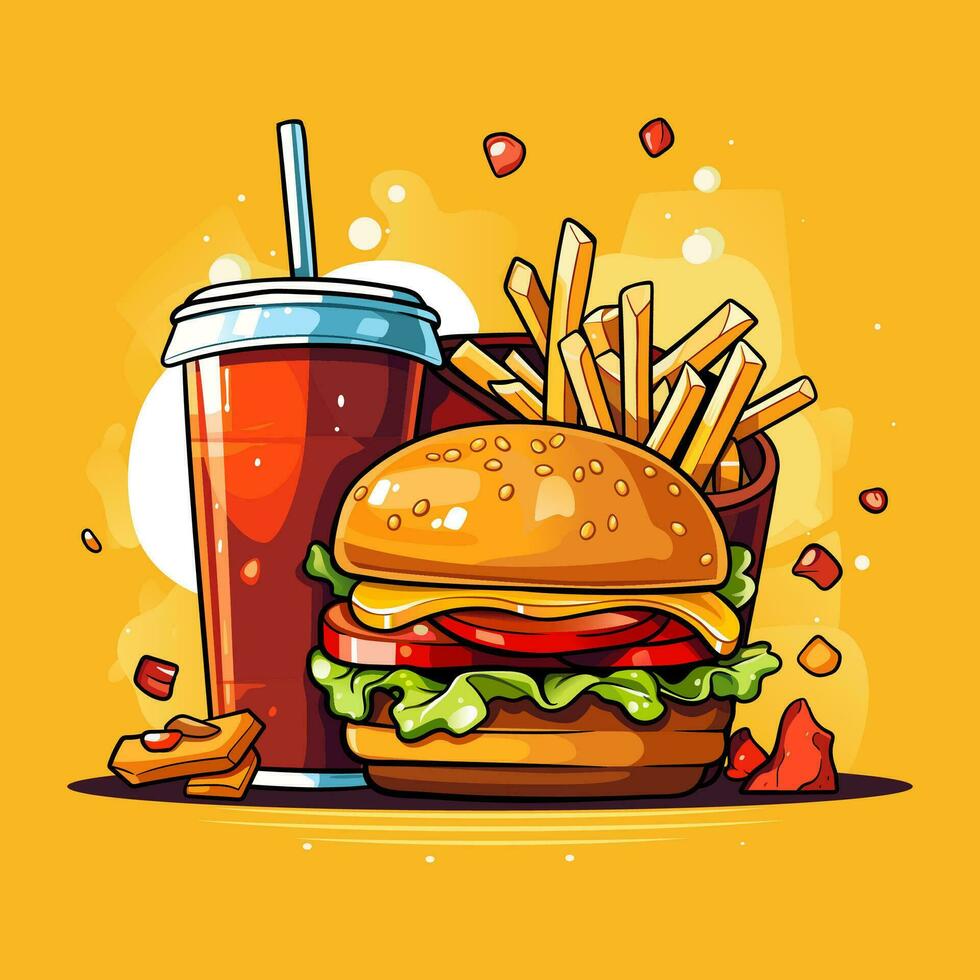 un vector logo diseño para un comida rápida restaurante, hamburguesa, suave bebida y papas fritas