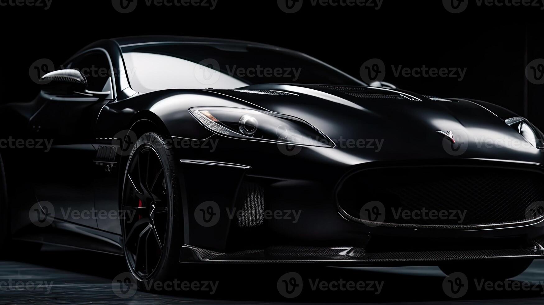 Close up front view of black sports car with copy space. Generative AI photo