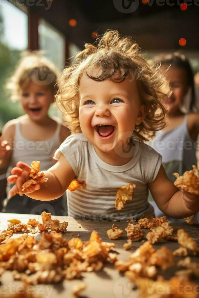 un de cerca Disparo capturar un babys deleite como ellos explorar un variedad de dedo comidas con sucio entusiasmo foto