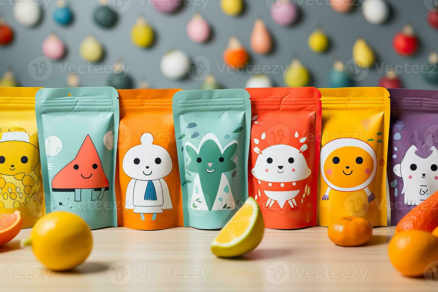 A close-up shot of a variety of creatively designed baby food pouches showcasing colorful labels and playful illustrations photo